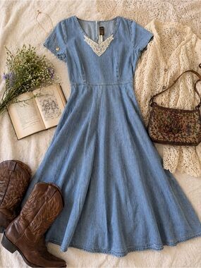 Denim Prairie Midi Dress Lace Detail Cottagecore Blue 10 Small
